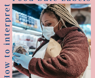 Woman checks food date label on a packaged slice of cake in the supermarket.