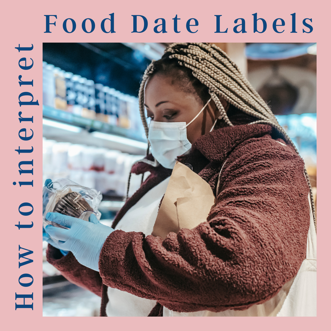 Woman checks food date label on a packaged slice of cake in the supermarket.